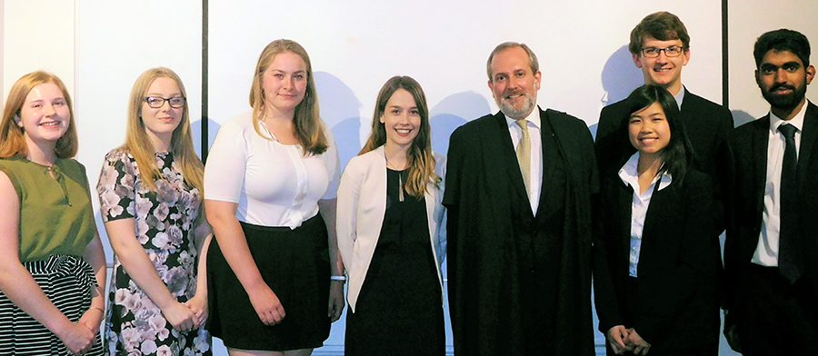(L-R) Niamh Herrett, Eleanor Chafer, Ailsa Clelland, competition judges Stephanie Wood and Sam Eidinow, Valerie Chee, Andrew Dixon, and Ameer Ismail