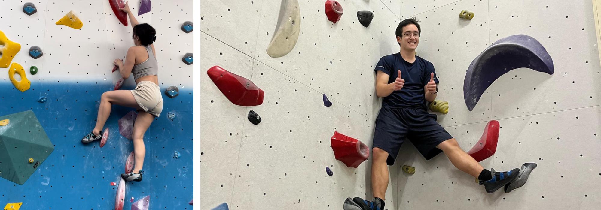 Merton climbers in action Woman on climbing wall and man facing out on the climbing wall giving a thumbs up