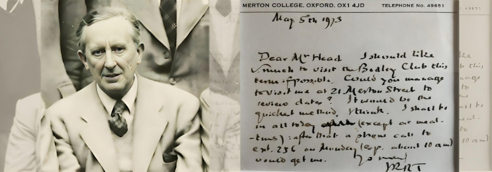 Tolkien in College photo & his handwritten note (© The Tolkien Estate Limited 2023) 